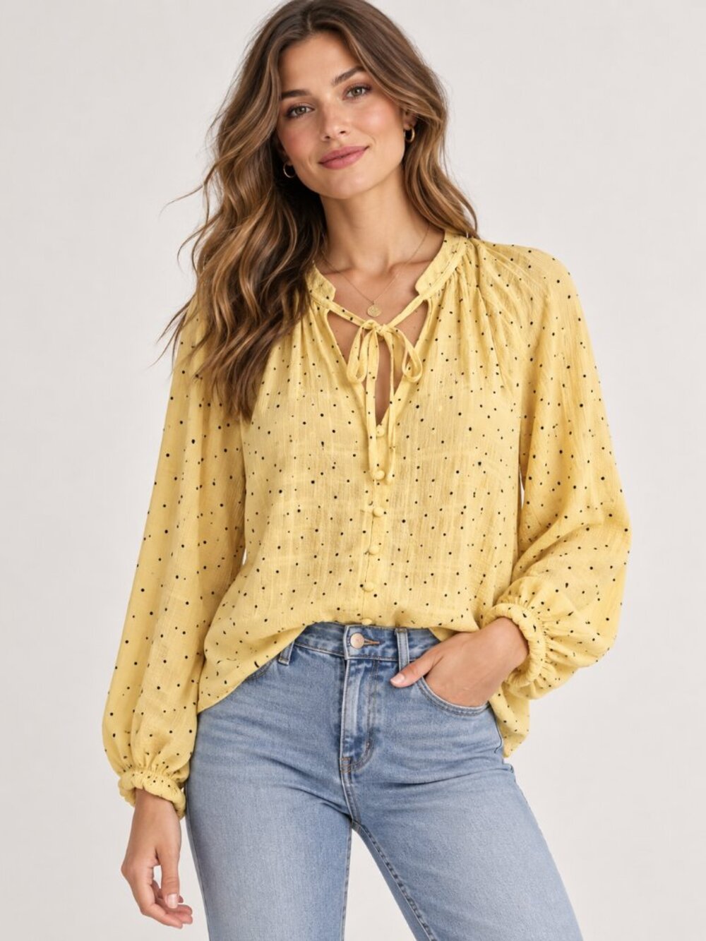 By the River Yellow Polka Dot Tie Neck Blouse Women’s Size Large Boho